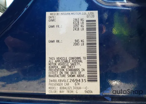 2020 Nissan Altima S Fwd z USA, uszkodzony, nr VIN 1N4BL4BV6LC269435